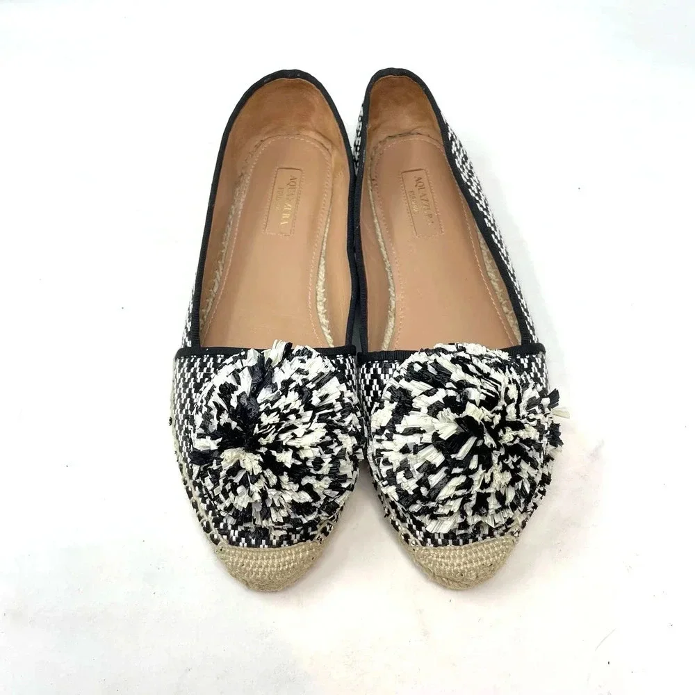 Aquazzura Pom Raffia Espadrille Flats Herringbone Black White Size 39 US‎ 9
